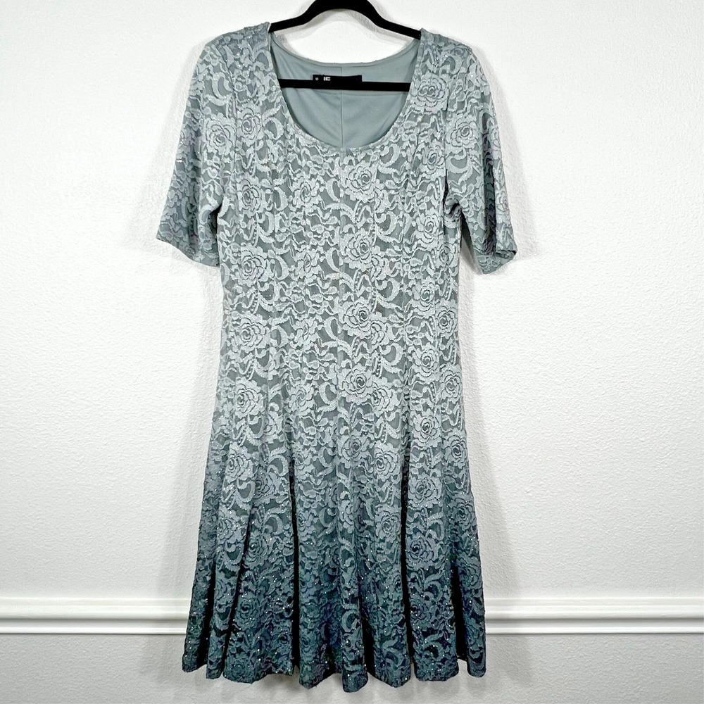 Leslie Fay Lace Ombre Sequin Floral A-Line Dress Grey Evening Party Womens 10